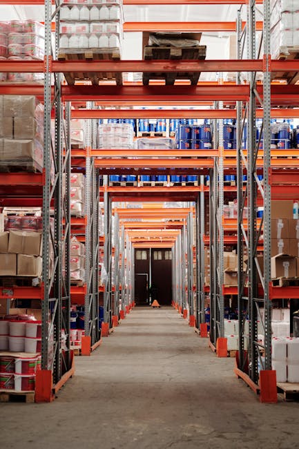 A modern warehouse interior showcasing organized shelves and pallets for efficient storage.